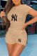 Khaki Fashion Casual Print Letter O Neck Short Sleeve Two Pieces