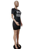 Deep Blue Fashion Casual Letter Print Basic O Neck Short Sleeve Dress