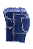 Blue Casual Street Solid Make Old Patchwork High Waist Denim Shorts