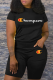Black Casual Print Letter O Neck Short Sleeve Two Pieces
