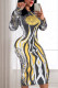 Yellow Sexy Print O Neck Wrapped Skirt Dresses