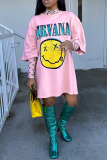 Pink Casual Print Patchwork O Neck Straight Dresses
