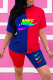 Blue Red Casual Print Patchwork O Neck Short Sleeve Two Pieces