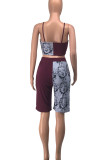 Burgundy Casual Street Print Patchwork Spaghetti Strap Sleeveless Two Pieces