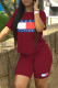 Burgundy Fashion Casual Print Basic O Neck Short Sleeve Two Pieces