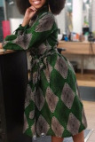 Olive Green Casual Print Bandage Patchwork Turn-back Collar A Line Dresses