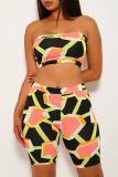 Orange Sexy Print Patchwork Strapless Sleeveless Two Pieces