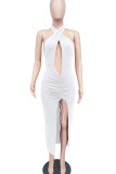 Pink Sexy Solid Hollowed Out Patchwork Slit Fold Halter Straight Dresses