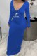 Blue Fashion Sexy Print Letter V Neck One Step Skirt Dresses