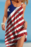 Blue Red Fashion Casual Print Basic O Neck Vest Dress