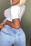 White Fashion Print Slit V Neck T-Shirts
