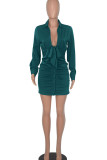 Green Sexy Solid Bandage Patchwork Buckle Fold V Neck Pencil Skirt Dresses