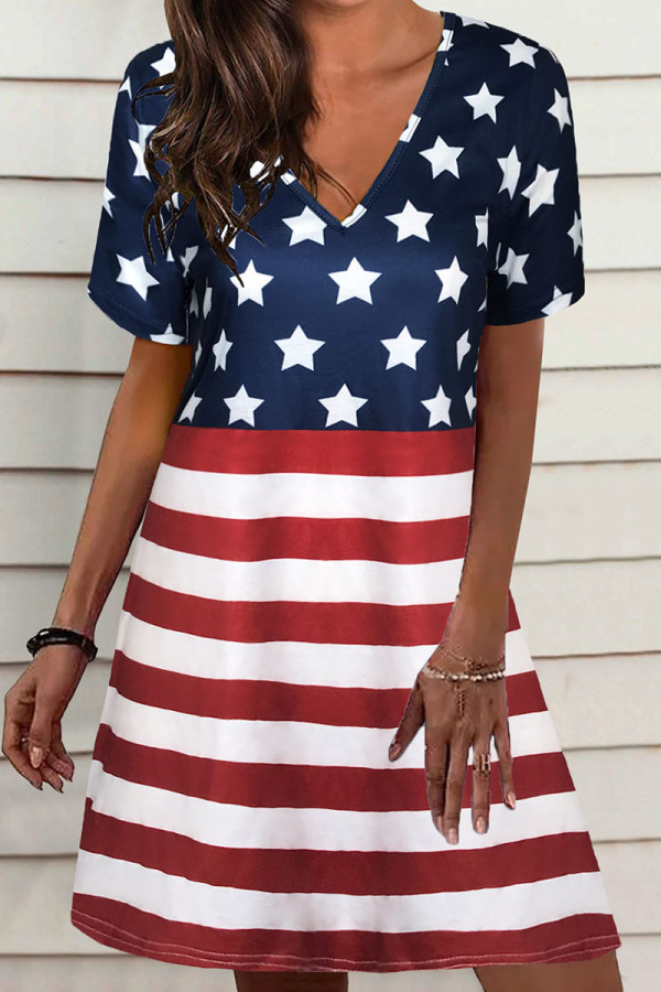 Deep Blue Casual Print Patchwork V Neck Straight Dresses