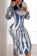 Blue Sexy Print O Neck Wrapped Skirt Dresses