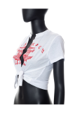 White Fashion Print Slit V Neck T-Shirts