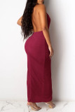 Pink Sexy Solid Hollowed Out Patchwork Slit Fold Halter Straight Dresses