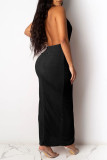 Pink Sexy Solid Hollowed Out Patchwork Slit Fold Halter Straight Dresses