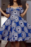 Blue Elegant Print Patchwork Off the Shoulder A Line Dresses