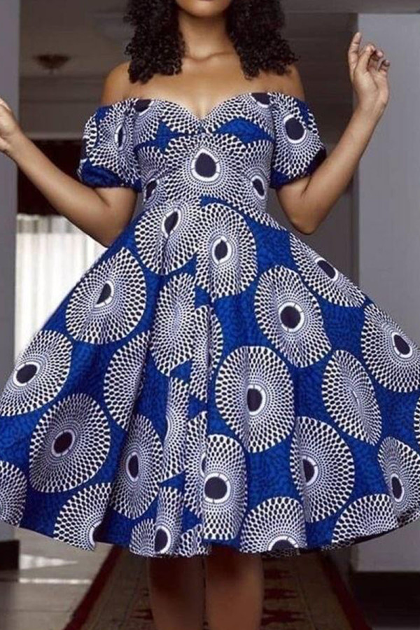 Blue Elegant Print Patchwork Off the Shoulder A Line Dresses