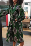 Olive Green Casual Print Bandage Patchwork Turn-back Collar A Line Dresses