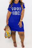 Deep Blue Fashion Casual Letter Print Basic O Neck Short Sleeve Dress