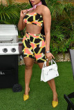 Orange Sexy Print Patchwork Strapless Sleeveless Two Pieces