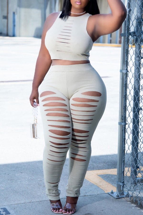 Apricot Sexy Casual Solid Ripped Hollowed Out O Neck Sleeveless Two Pieces