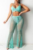 Mint green Fashion Sexy Solid Bandage Hollowed Out Backless Halter Sleeveless Two Pieces
