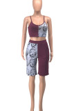 Burgundy Casual Street Print Patchwork Spaghetti Strap Sleeveless Two Pieces
