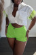 Green Fashion Casual Solid Patchwork Buckle Feathers Turndown Collar Short Sleeve Two Pieces