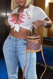 White Fashion Print Slit V Neck T-Shirts