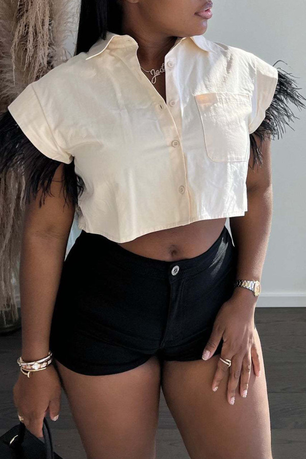 Black Fashion Casual Solid Patchwork Buckle Feathers Turndown Collar Short Sleeve Two Pieces