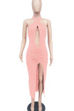 Pink Sexy Solid Hollowed Out Patchwork Slit Fold Halter Straight Dresses