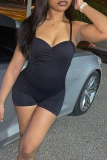 Black Sexy Solid Patchwork Spaghetti Strap Skinny Rompers