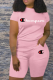 Pink Casual Print Letter O Neck Short Sleeve Two Pieces