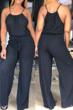 Black Casual Solid Patchwork Spaghetti Strap Straight Jumpsuits