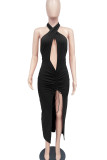 Pink Sexy Solid Hollowed Out Patchwork Slit Fold Halter Straight Dresses