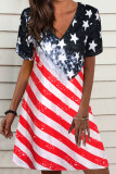 Red Casual Print Patchwork V Neck Straight Dresses