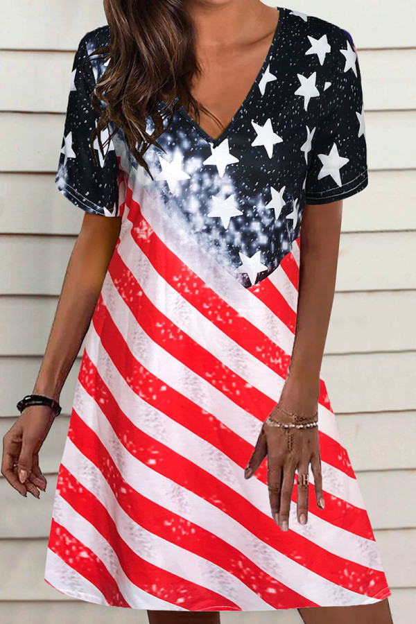 White Red Casual Print Patchwork V Neck Straight Dresses
