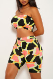 Orange Sexy Print Patchwork Strapless Sleeveless Two Pieces