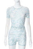 Blue Sexy Print Mesh O Neck Short Sleeve Two Pieces