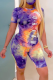 Purple Casual Patchwork Tie-dye Letter O Neck Short Sleeve Two Pieces