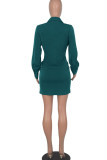 Green Sexy Solid Bandage Patchwork Buckle Fold V Neck Pencil Skirt Dresses