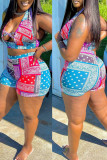 Red Blue Sexy Print Patchwork V Neck Sleeveless Two Pieces