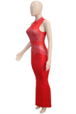 Red Fashion Sexy Patchwork Hot Drilling See-through Half A Turtleneck Evening Dress