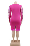Pink Adult Elegant Print Sequins O Neck Pencil Skirt Plus Size