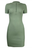 Ink Green Fashion Casual Solid Basic Zipper Collar Short Sleeve Dress