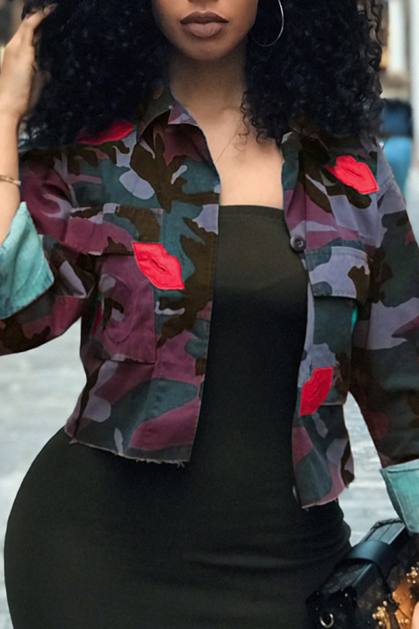 Purple Fashion Camouflage Print Patchwork Turndown Collar Outerwear