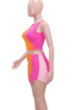 Rose Red Sexy Solid Rivets Patchwork Asymmetrical O Neck Sleeveless Two Pieces