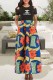 Red Yellow Fashion Street Print Patchwork O Neck Short Sleeve Two Pieces